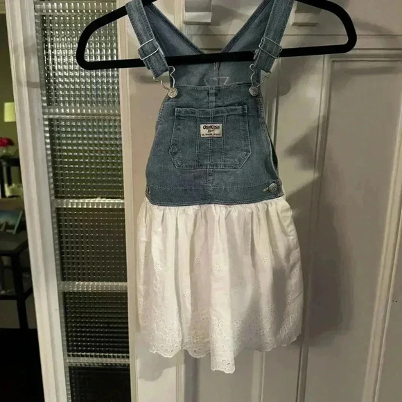 Oshkosh Overall Dress 5T Toddler Denim White Eyelet Cotton Romper - Picture 2 of 9